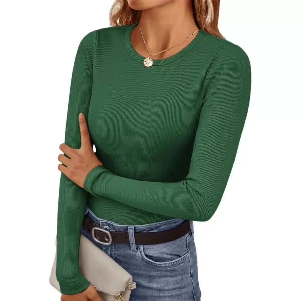 Ekouaer Womens Long Sleeve Shirts Crew Neck Stretchy Fitted Ribbed Tops Basic Base Layer Soft Thermal Undershirts TeeGreen