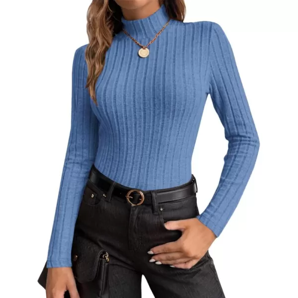 Ekouaer Womens Mock Turtleneck Long Sleeve Shirts Fall Ribbed Tops Fleece Basic Layering Soft Thermal Undershirts TeeBlue