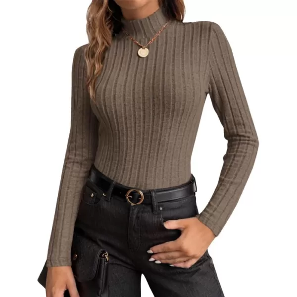 Ekouaer Womens Mock Turtleneck Long Sleeve Shirts Fall Ribbed Tops Fleece Basic Layering Soft Thermal Undershirts TeeLight Brown