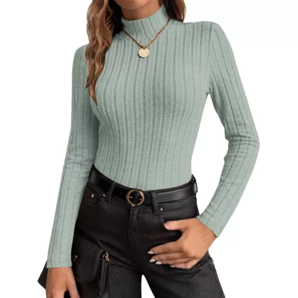 Ekouaer Womens Mock Turtleneck Long Sleeve Shirts Fall Ribbed Tops Fleece Basic Layering Soft Thermal Undershirts TeeLight Green