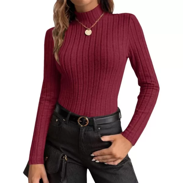 Ekouaer Womens Mock Turtleneck Long Sleeve Shirts Fall Ribbed Tops Fleece Basic Layering Soft Thermal Undershirts TeeWine Red