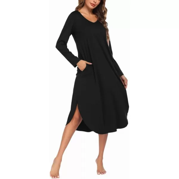 Ekouaer Womens Nightgown V Neck Nightshirts Long Sleeve Sleepwear with Pockets SXXLBlack