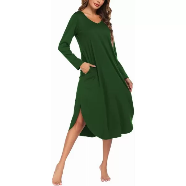 Ekouaer Womens Nightgown V Neck Nightshirts Long Sleeve Sleepwear with Pockets SXXLDeep Green