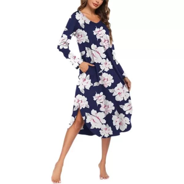 Ekouaer Womens Nightgown V Neck Nightshirts Long Sleeve Sleepwear with Pockets SXXLFloral Navy