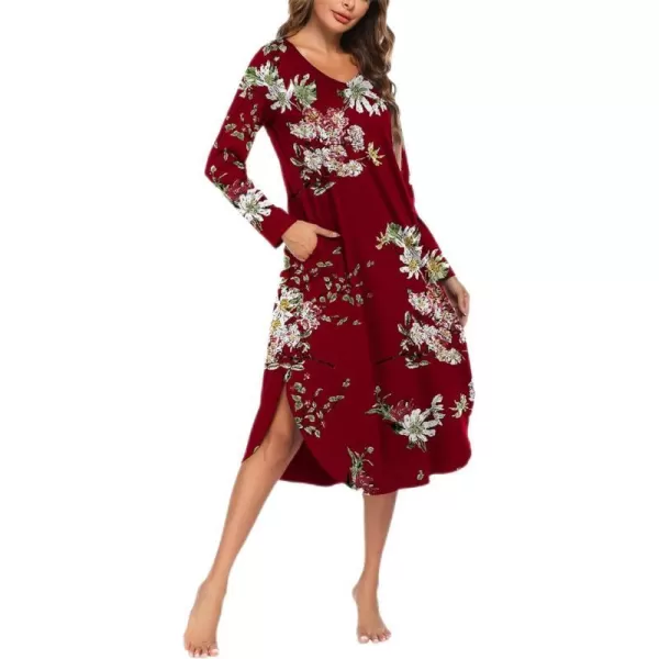 Ekouaer Womens Nightgown V Neck Nightshirts Long Sleeve Sleepwear with Pockets SXXLFloral Red