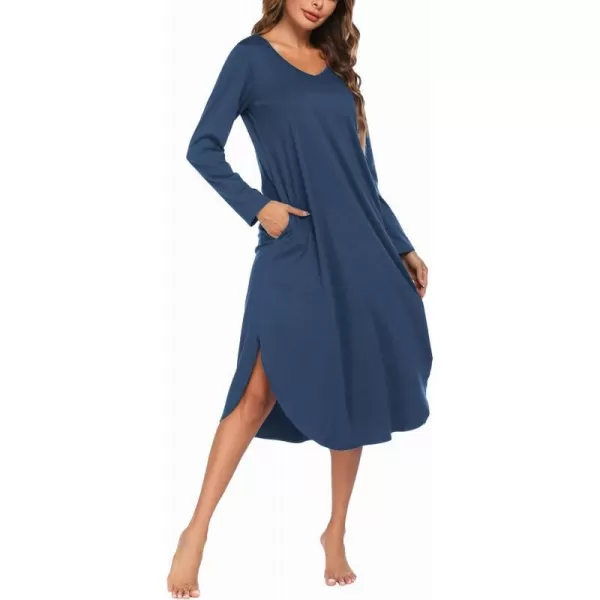 Ekouaer Womens Nightgown V Neck Nightshirts Long Sleeve Sleepwear with Pockets SXXLNavy Blue