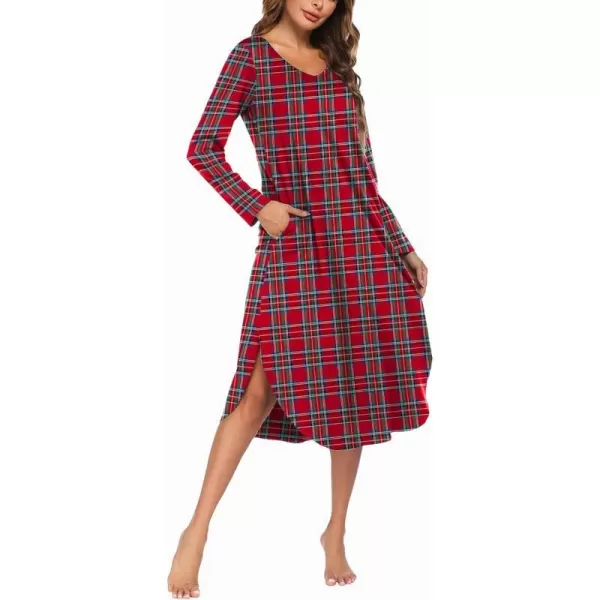 Ekouaer Womens Nightgown V Neck Nightshirts Long Sleeve Sleepwear with Pockets SXXLPlaid Red