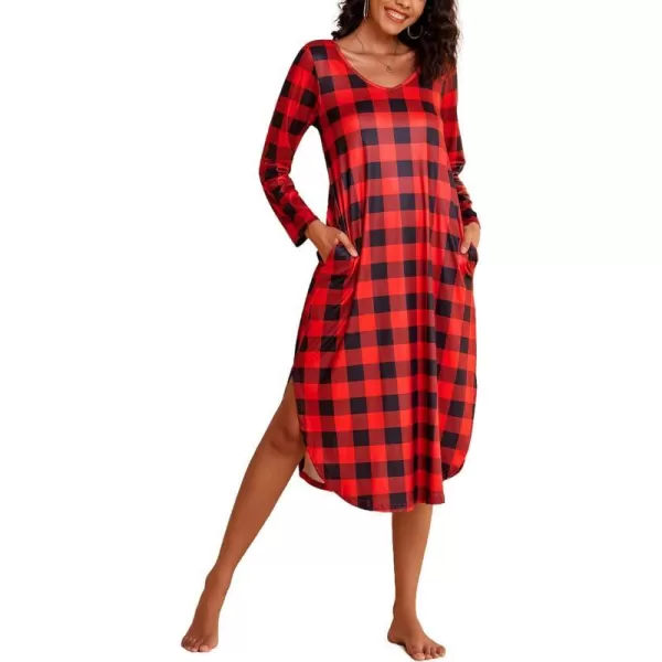 Ekouaer Womens Nightgown V Neck Nightshirts Long Sleeve Sleepwear with Pockets SXXLPlaid Red Black