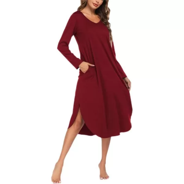 Ekouaer Womens Nightgown V Neck Nightshirts Long Sleeve Sleepwear with Pockets SXXLWine Red