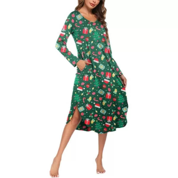 Ekouaer Womens Nightgown V Neck Nightshirts Long Sleeve Sleepwear with Pockets SXXLXmas Green