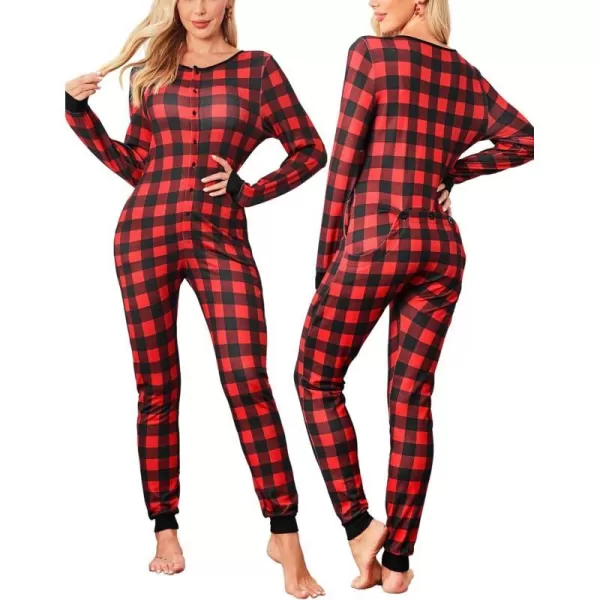 Ekouaer Womens Onesies Pajamas with Butt Flap Button Down Union Suit Thermal One Piece PajamasBlackRed Plaid