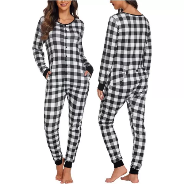 Ekouaer Womens Onesies Pajamas with Butt Flap Button Down Union Suit Thermal One Piece PajamasBlackWhite Plaid