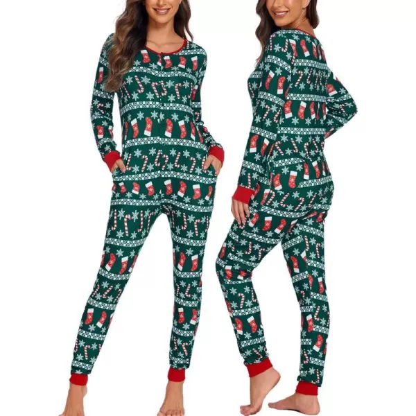 Ekouaer Womens Onesies Pajamas with Butt Flap Button Down Union Suit Thermal One Piece PajamasGreenChristmas