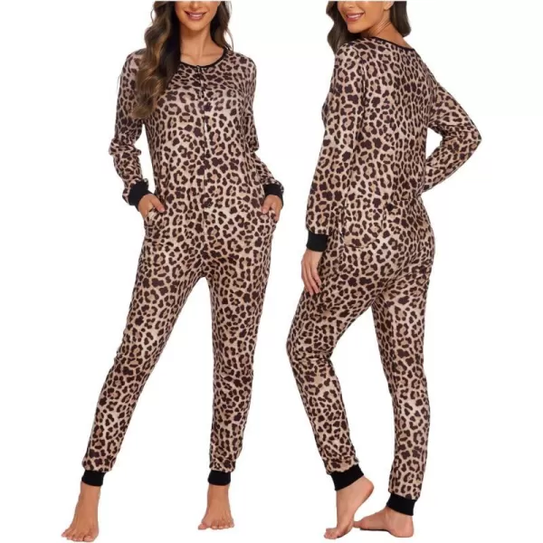 Ekouaer Womens Onesies Pajamas with Butt Flap Button Down Union Suit Thermal One Piece PajamasKhakiLeopard