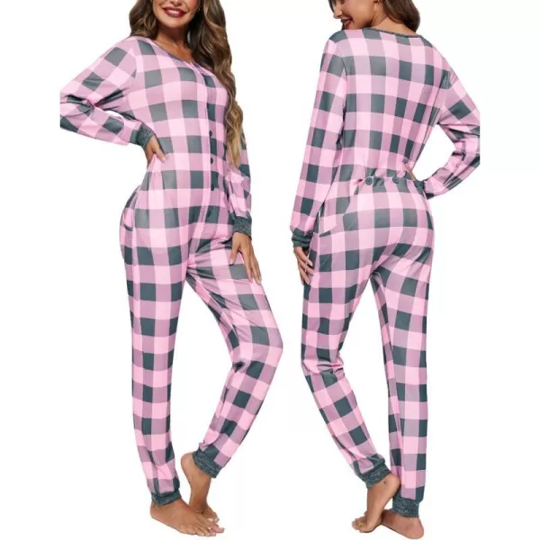 Ekouaer Womens Onesies Pajamas with Butt Flap Button Down Union Suit Thermal One Piece PajamasPink Buffalo Plaid