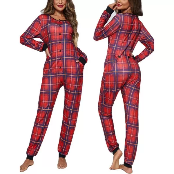 Ekouaer Womens Onesies Pajamas with Butt Flap Button Down Union Suit Thermal One Piece PajamasRed Grey Plaid