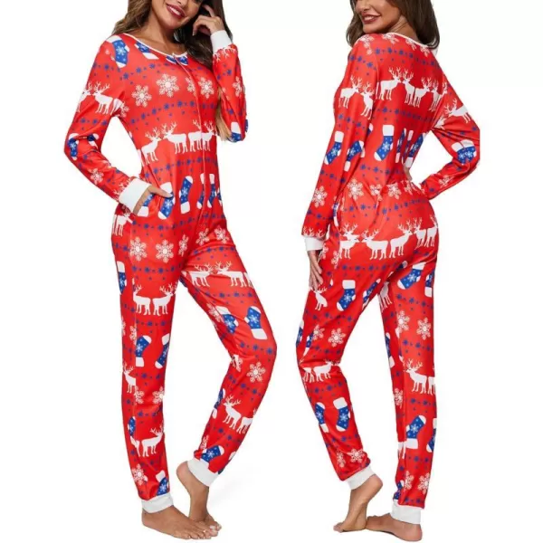 Ekouaer Womens Onesies Pajamas with Butt Flap Button Down Union Suit Thermal One Piece PajamasReindeer Red