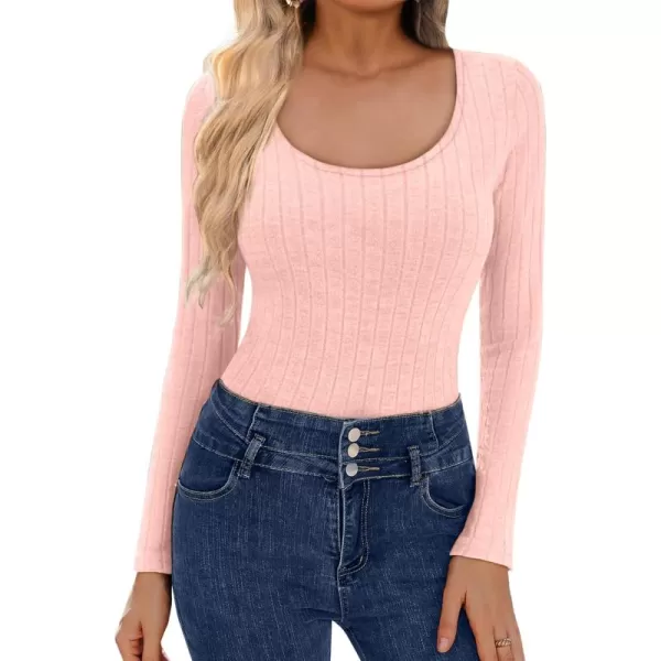 Ekouaer Womens Scoop Neck Shirts Long Sleeve Top Basic Ribbed Tee Lightweight Thermal Undershirt Slim Fit Pullover SweaterLight Pink