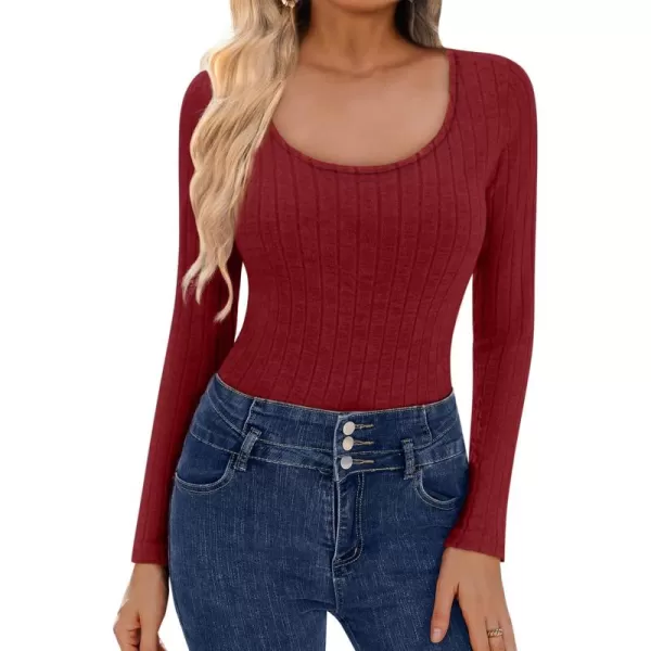 Ekouaer Womens Scoop Neck Shirts Long Sleeve Top Basic Ribbed Tee Lightweight Thermal Undershirt Slim Fit Pullover SweaterWine Red