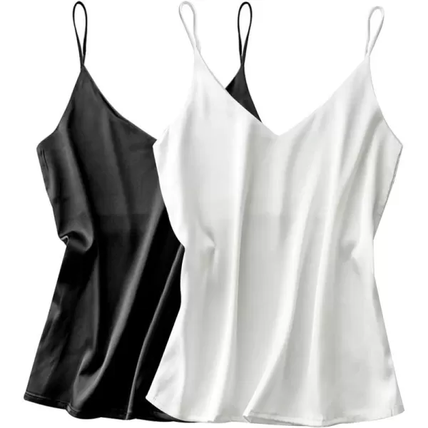 Ekouaer Womens Silk Satin Tank Top 2 Pack V Neck Basic Camisole012 Pack Whiteblack