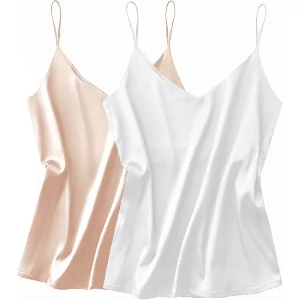 Ekouaer Womens Silk Satin Tank Top 2 Pack V Neck Basic Camisole2 Pack Champagnewhite