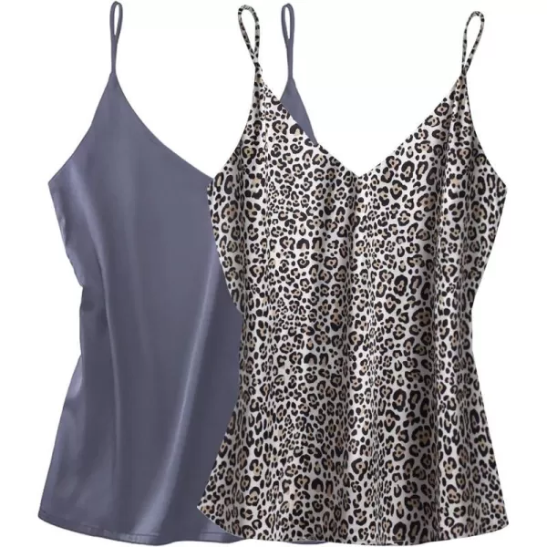 Ekouaer Womens Silk Satin Tank Top 2 Pack V Neck Basic Camisole2 Pack Greyleopard1