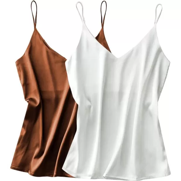 Ekouaer Womens Silk Satin Tank Top 2 Pack V Neck Basic Camisole2 Pack Khakiwhite