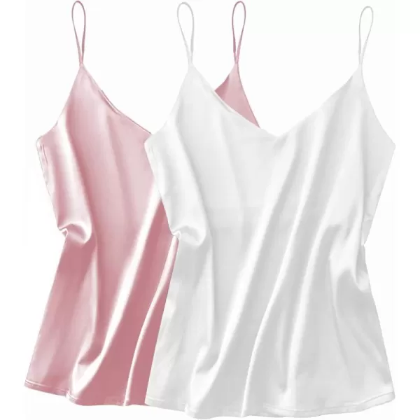 Ekouaer Womens Silk Satin Tank Top 2 Pack V Neck Basic Camisole2 Pack Pinkwhite