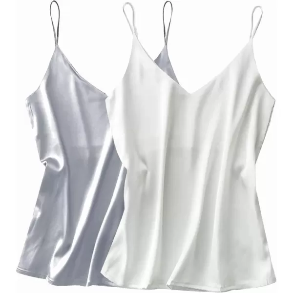 Ekouaer Womens Silk Satin Tank Top 2 Pack V Neck Basic Camisole2 Packlight Greywhite