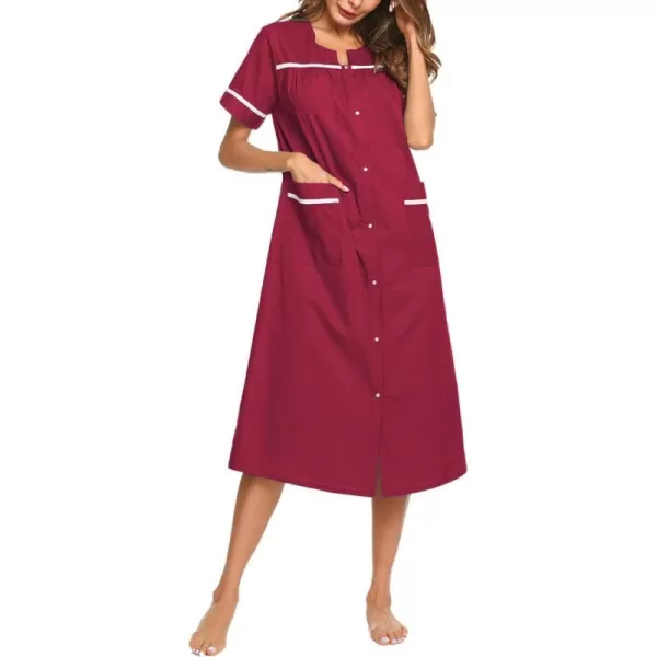 Ekouaer Womens Sleepwear SnapFront DusterHouse Dress with PocketsShort Sleeve NightgownHousecoatSummer Robe SXXLWine Red