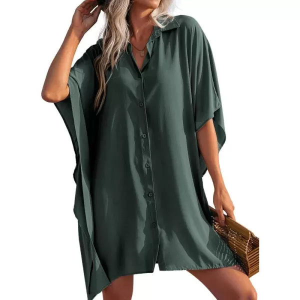 Ekouaer Womens Swimsuit Cover Up 34 Sleeve Beachwear Bikini Coverups Button Down Oversized Cover Up Shirt S3XLArmy Green