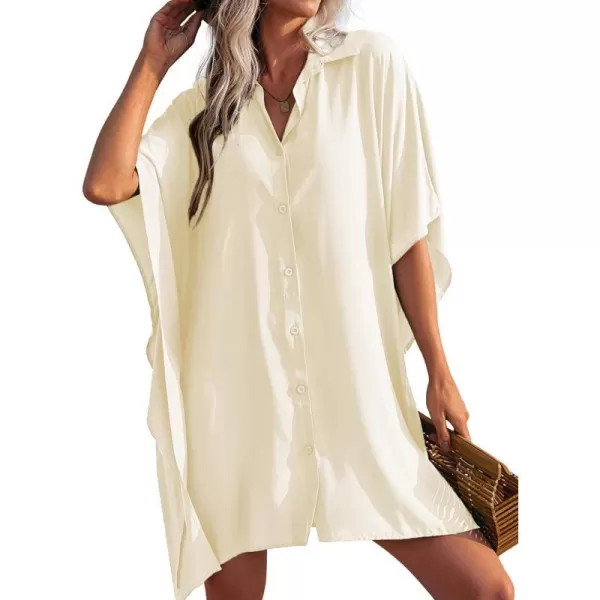 Ekouaer Womens Swimsuit Cover Up 34 Sleeve Beachwear Bikini Coverups Button Down Oversized Cover Up Shirt S3XLBeige