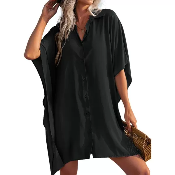 Ekouaer Womens Swimsuit Cover Up 34 Sleeve Beachwear Bikini Coverups Button Down Oversized Cover Up Shirt S3XLBlack