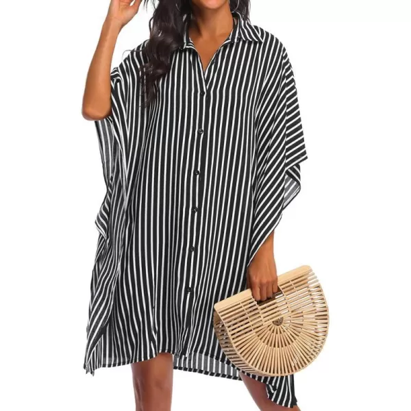 Ekouaer Womens Swimsuit Cover Up 34 Sleeve Beachwear Bikini Coverups Button Down Oversized Cover Up Shirt S3XLBlack Stripe