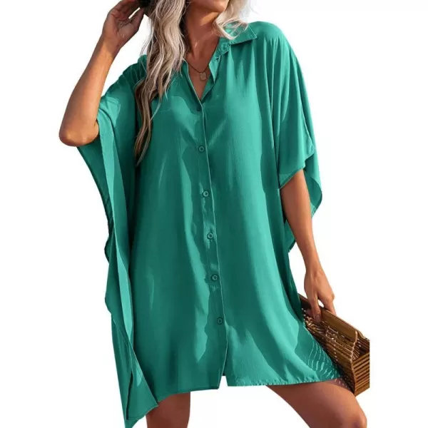 Ekouaer Womens Swimsuit Cover Up 34 Sleeve Beachwear Bikini Coverups Button Down Oversized Cover Up Shirt S3XLDark Cyan