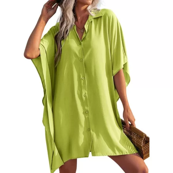 Ekouaer Womens Swimsuit Cover Up 34 Sleeve Beachwear Bikini Coverups Button Down Oversized Cover Up Shirt S3XLFluorescent Green