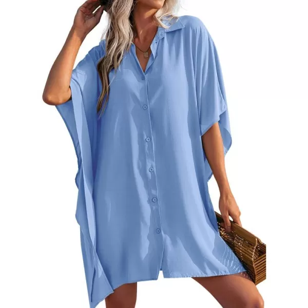 Ekouaer Womens Swimsuit Cover Up 34 Sleeve Beachwear Bikini Coverups Button Down Oversized Cover Up Shirt S3XLLight Blue