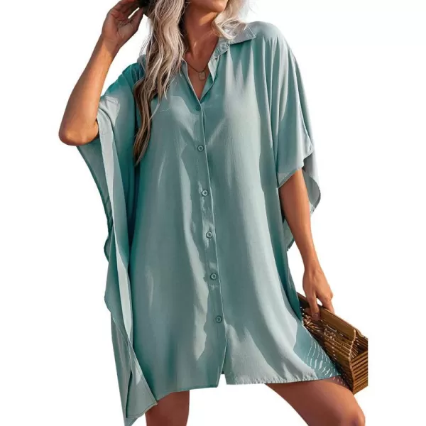 Ekouaer Womens Swimsuit Cover Up 34 Sleeve Beachwear Bikini Coverups Button Down Oversized Cover Up Shirt S3XLLight Green