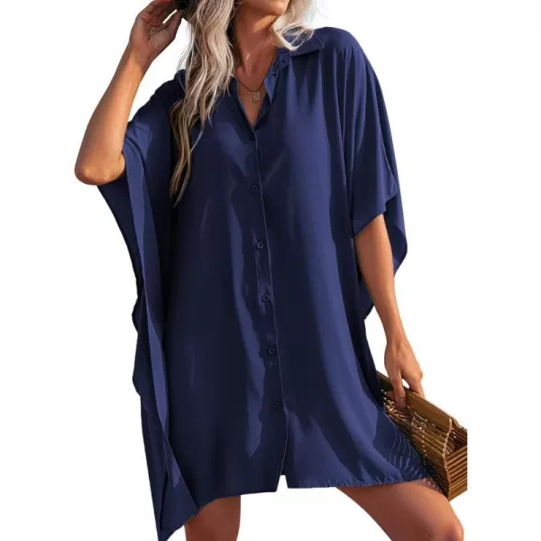 Ekouaer Womens Swimsuit Cover Up 34 Sleeve Beachwear Bikini Coverups Button Down Oversized Cover Up Shirt S3XLNavy Blue