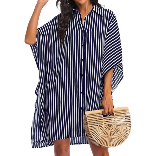 Ekouaer Womens Swimsuit Cover Up 34 Sleeve Beachwear Bikini Coverups Button Down Oversized Cover Up Shirt S3XLNavy Blue Stripe