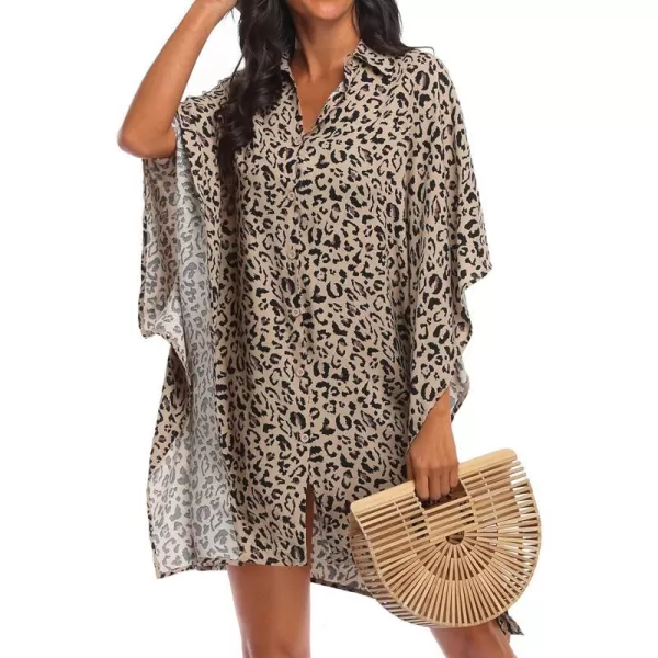 Ekouaer Womens Swimsuit Cover Up 34 Sleeve Beachwear Bikini Coverups Button Down Oversized Cover Up Shirt S3XLPat1leopard