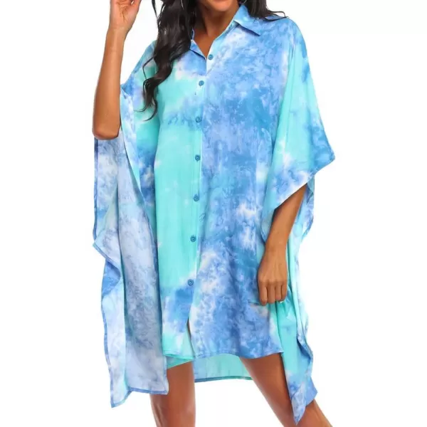 Ekouaer Womens Swimsuit Cover Up 34 Sleeve Beachwear Bikini Coverups Button Down Oversized Cover Up Shirt S3XLPat2tie Dye