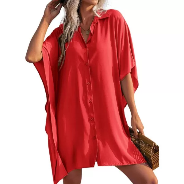 Ekouaer Womens Swimsuit Cover Up 34 Sleeve Beachwear Bikini Coverups Button Down Oversized Cover Up Shirt S3XLRed