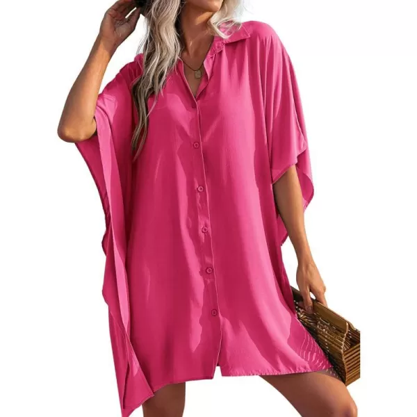 Ekouaer Womens Swimsuit Cover Up 34 Sleeve Beachwear Bikini Coverups Button Down Oversized Cover Up Shirt S3XLRose