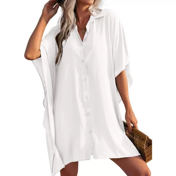 Ekouaer Womens Swimsuit Cover Up 34 Sleeve Beachwear Bikini Coverups Button Down Oversized Cover Up Shirt S3XLWhite