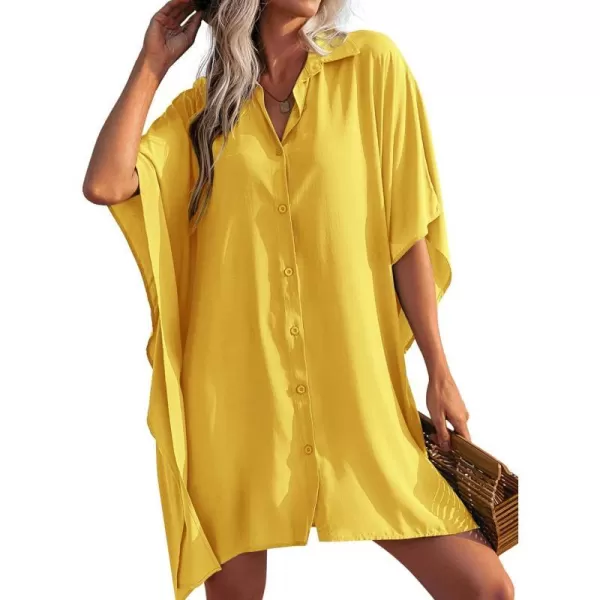 Ekouaer Womens Swimsuit Cover Up 34 Sleeve Beachwear Bikini Coverups Button Down Oversized Cover Up Shirt S3XLYellow