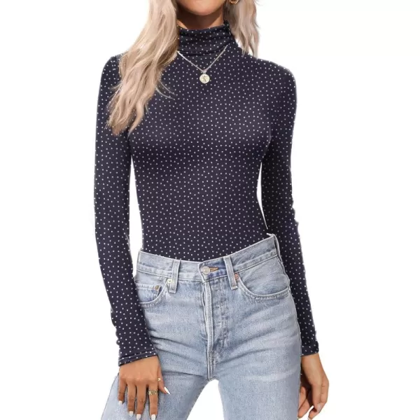 Ekouaer Womens Turtleneck Long Sleeve Shirts Fall Fashion Lightweight Base Layer Solid Slim Fit Thermal Underwear TopsCamel Navy Dots