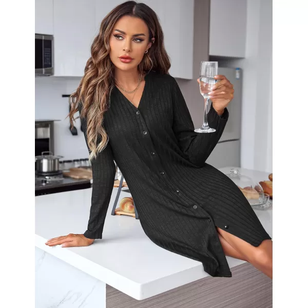 Ekouaer Nightgowns for Women Button Down Night Shirt Long Sleeve Ribbed Knit VNeck Sleepwear Pajama DressBlack