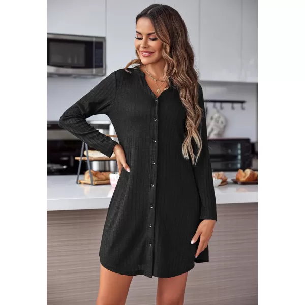 Ekouaer Nightgowns for Women Button Down Night Shirt Long Sleeve Ribbed Knit VNeck Sleepwear Pajama DressBlack