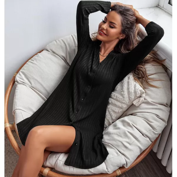 Ekouaer Nightgowns for Women Button Down Night Shirt Long Sleeve Ribbed Knit VNeck Sleepwear Pajama DressBlack